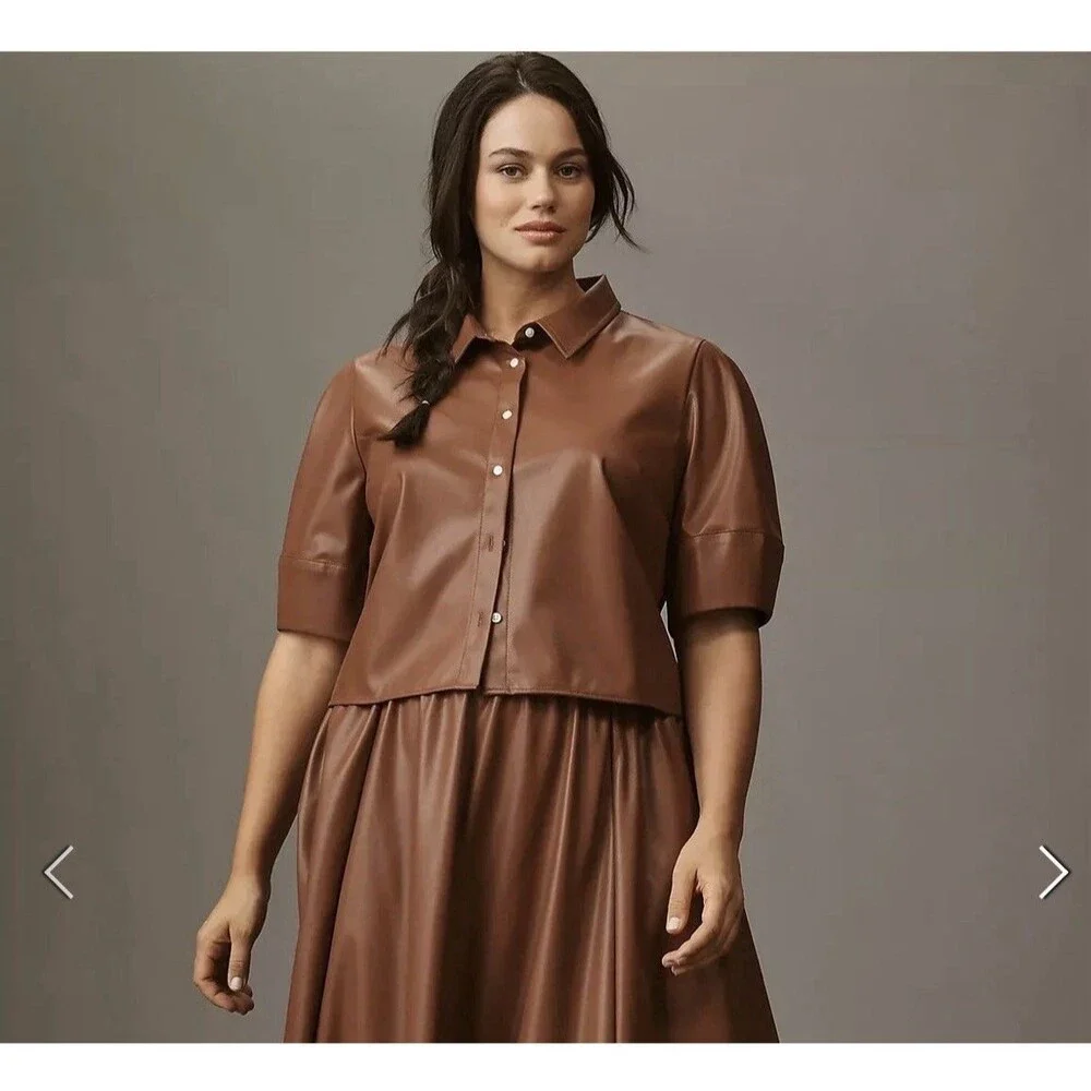 Maeve Brown Faux Leather Collared Short Sleeve Button-Up Blouse Women 2X - Picture 3 of 4